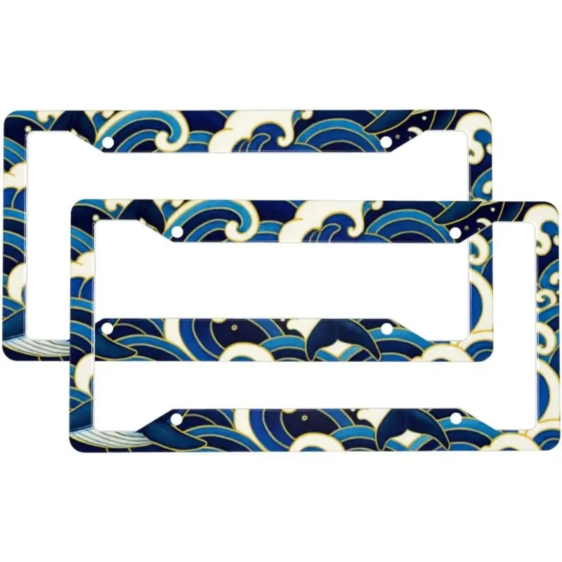 Whale Wave Theme 2-Pack Aluminum License Plate Frames, Universal Car License Plate Holder with 4 Holes and Screws, Fancy License Plate, Car Accessories