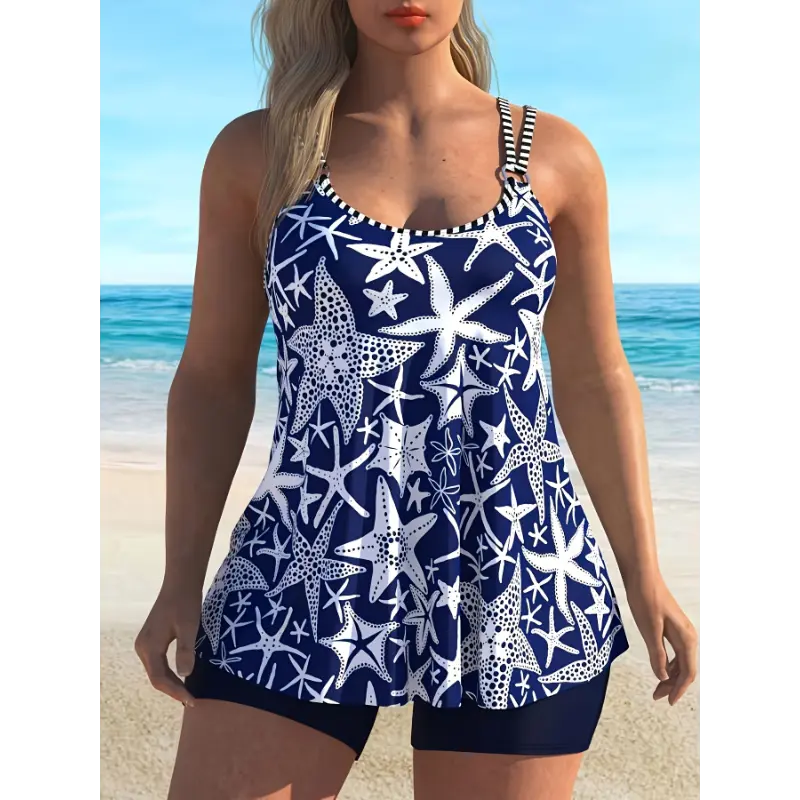 Navy Blue Starfish Print Women's Large Tankini Set Clothing Swimming Beach
