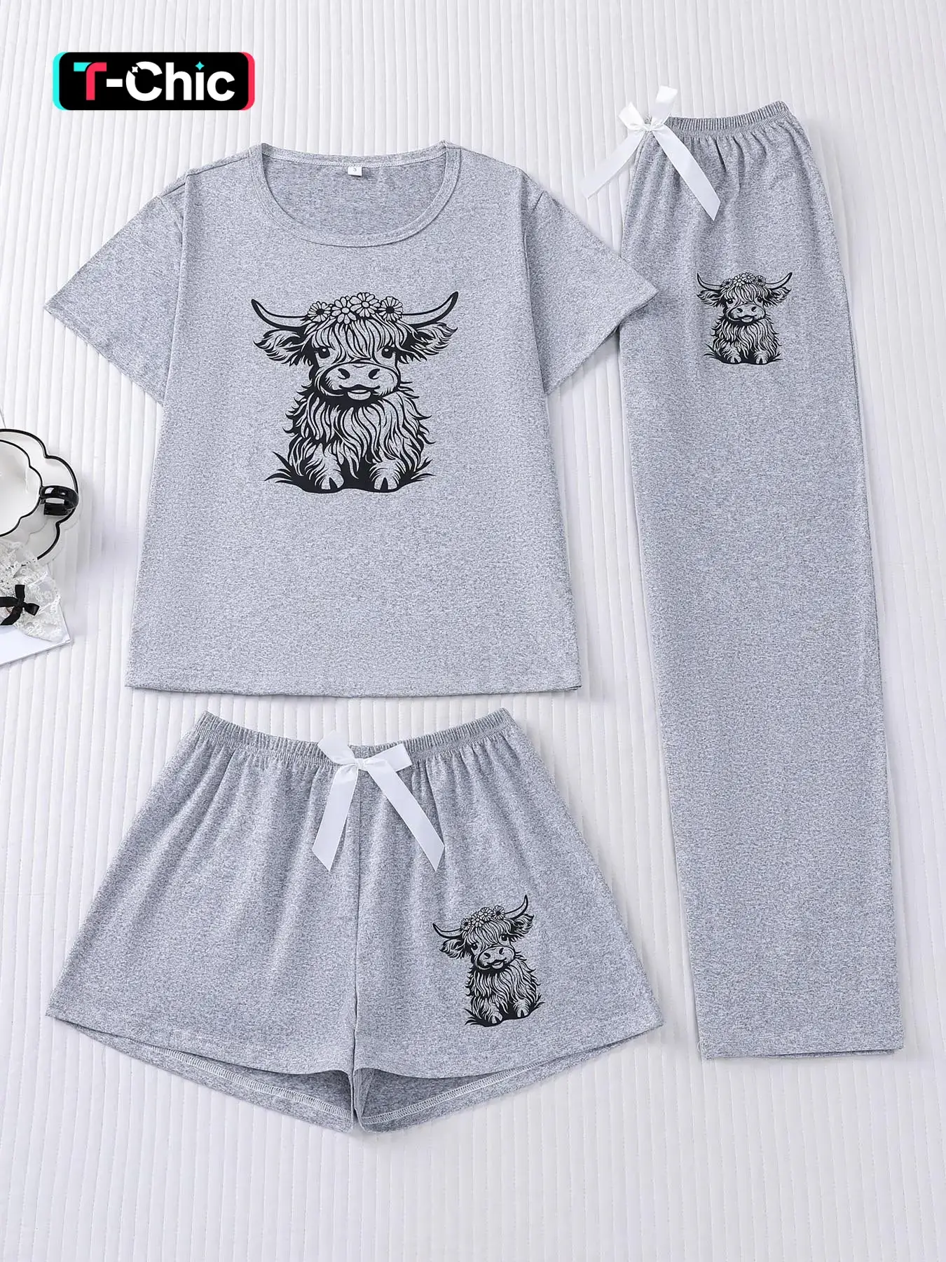 3pc set, Outfit of women's floral cow calf print short sleeved shorts, long pants, soft and comfortable, skin friendly, Knitted Fabric, Breathable, Style, round neck top, elastic waistband, suitable for all seasons home, casual wear, loungewear, pajamas