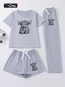 3pc set of women's floral cow calf print short sleeved shorts, long pants, soft and comfortable, skin friendly, Knitted Fabric, Breathable, round neck top, bow waistband, elastic waistband, suitable for all seasons home, casual wear, loungewear, pajamas