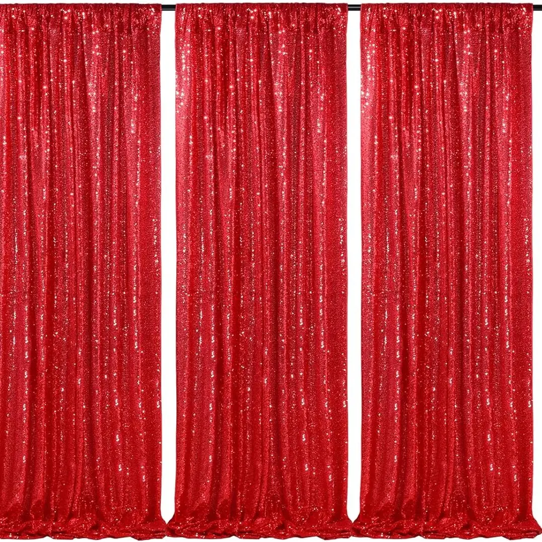 Red Shiny Sequin Backdrop Panels, 4 Pcs 2ftx8ft Round Sequin Drapes Fabric, Festive Party Decorations Banners for Birthday Home Supplies