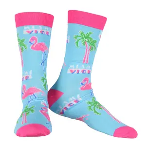Miami Vice Socks Men's Flamingos and Palms All Over Design Adult Mid-Calf Crew Socks (Fits Shoe Size 6-12)