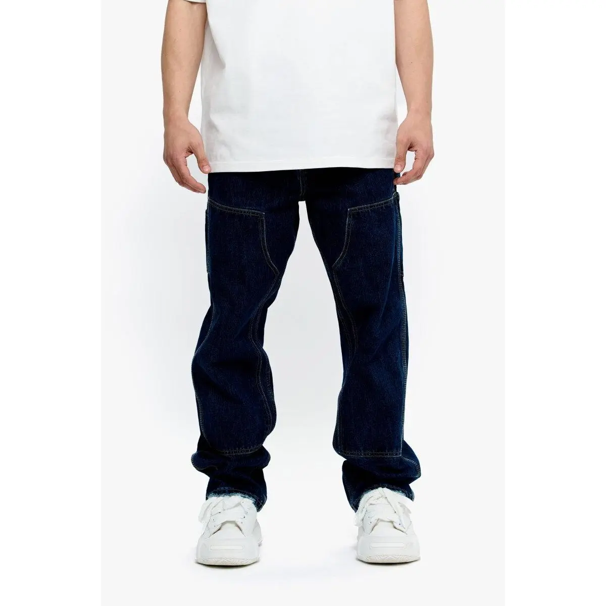 Men's Straight-Leg Cotton Jeans - Dark Blue 100% Cotton Denim, Classic Menswear, 5-Pocket Design, Reinforced Panels, Panel Detailing, Tonal Stitching, True Size, Casual Everyday Pants