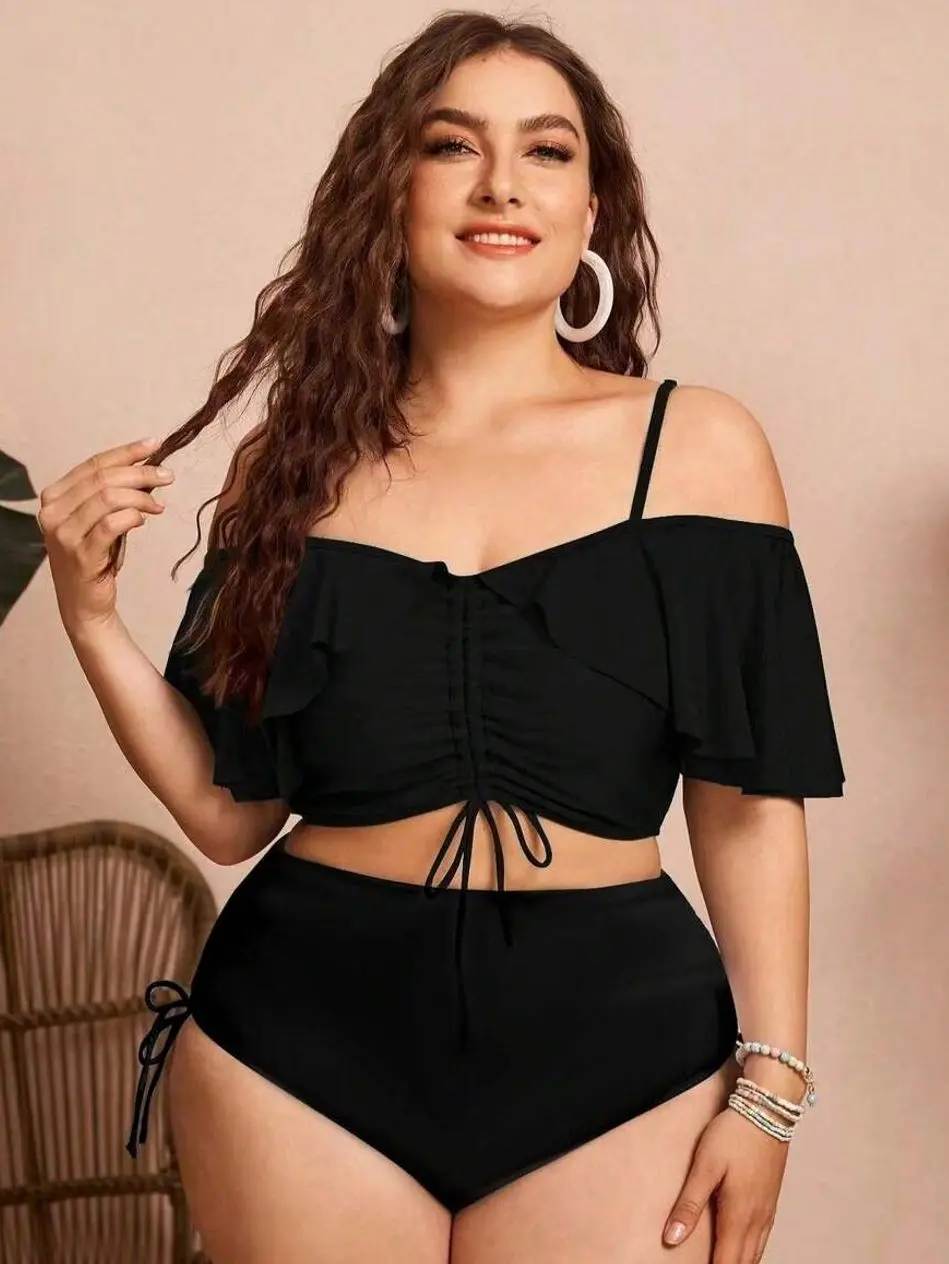 Plus Size Off Shoulder Ruffled Bikini, Flattering Two Piece Swimsuit for Beach Vacation