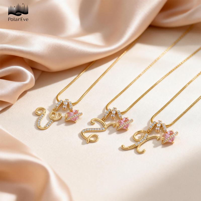 PolarEve 14K Gold Plated 3-Layering Initial A-Z Letter Pendant Necklaces for Women Snake Chain Choker Pink Heart Zircon Adjustable Length Necklace Jewelry