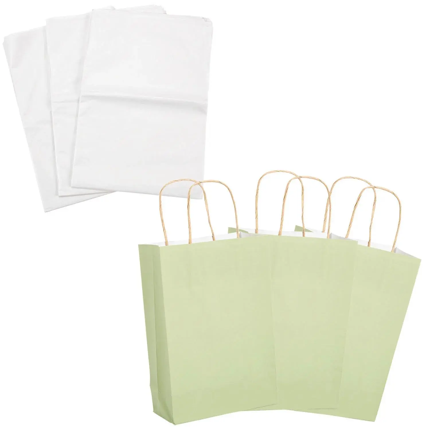 72 Pc. Medium Sage Green Kraft Paper Gift Bags & Tissue Paper Kit for 12