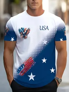 Men's Summer T-Shirt with Eagle and Star Pattern, Casual Comfortable Round Neck Short Sleeve Fitted Style, All over Print Long Top