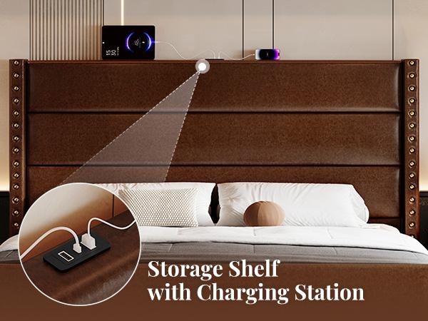 [Summervibes]Modern Brown/Black Leather Bed Frame with USB Charging, Tall Upholstered Headboard, No Noise, Easy Assembly – Bedroom Upgrade Must-Have