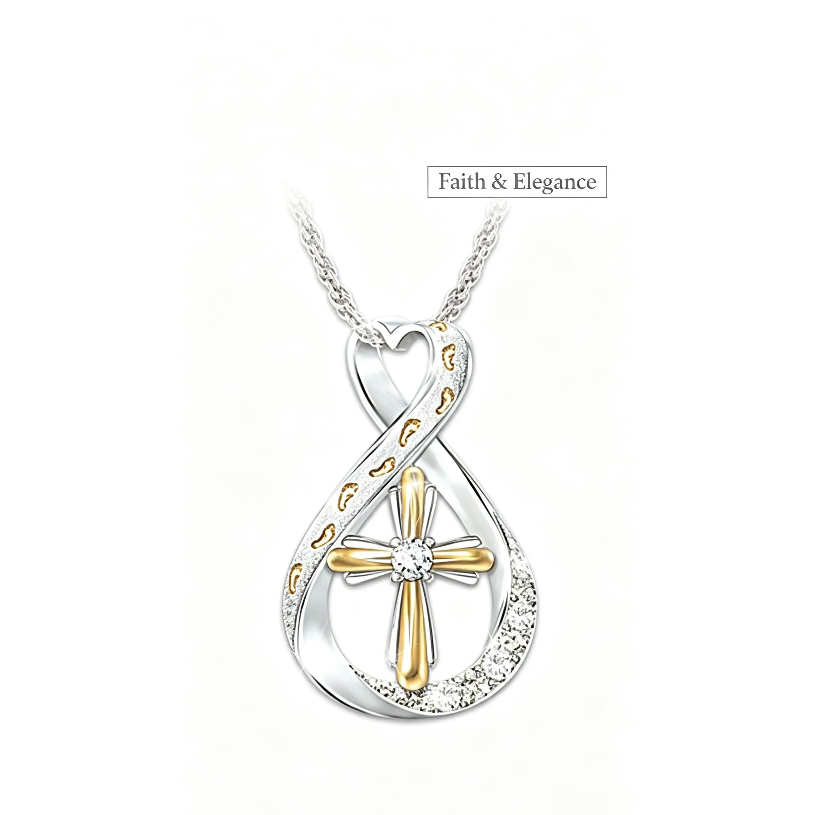 Infinity Cross Pendant Necklace - 2-Tone Silver Gold with Crystal, Footprint Charm, Elegant Religious Costume Jewelry for Church, Daily Memorial Gift
