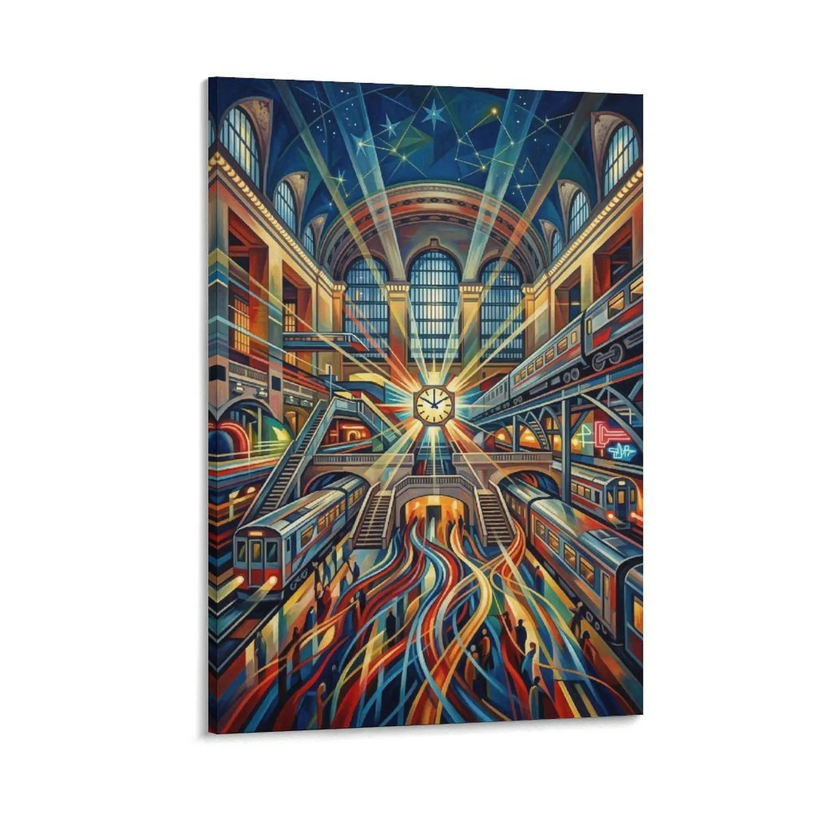 1pc Frameless Graphic Printing Canvas Photo Art, Colorful Railway Station-Themed Decorative Wall Decor with Clock & Trains, Modern Art Deco Home Supplies for Living Room, Bedroom
