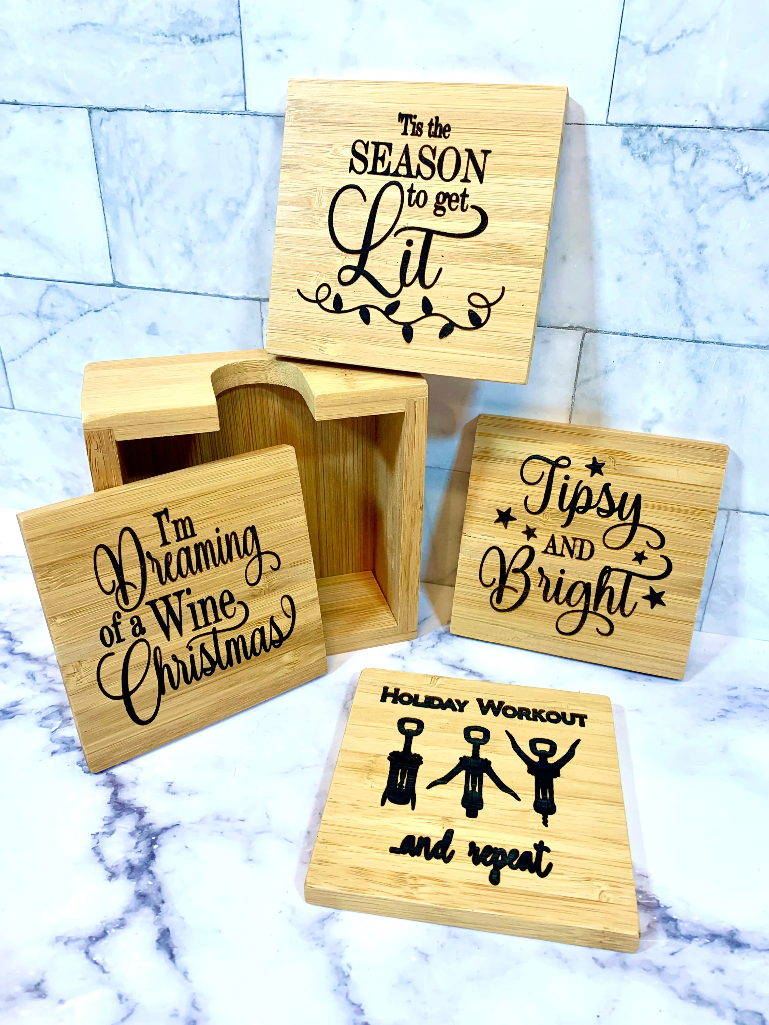 Christmas Wine Bamboo Coaster Set - Wooden Engraved Tableware with Various Designs for Holiday Celebrations