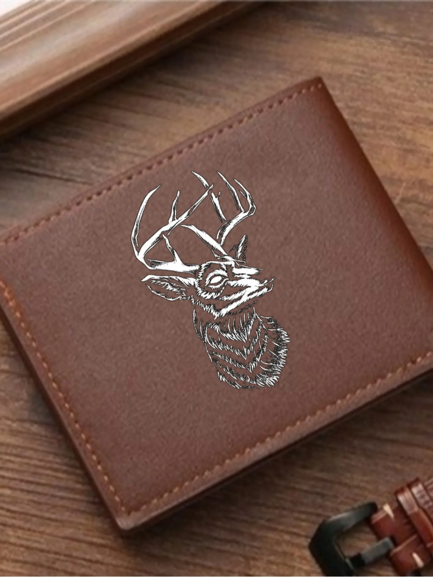 Men's Sketch Deer Head Leather Wallet, Hand-Drawn Stag Print, Forest Wildlife Theme Two-Fold Purse, PU Leather Card Holder