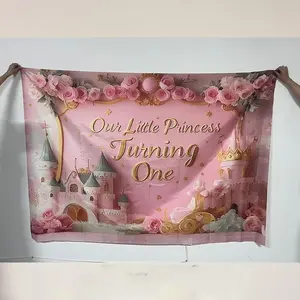 Princess Birthday Party Background Banner, Castle & Floral Pattern Birthday Party Decoration, Wall Decoration, Photography Background, Ornaments