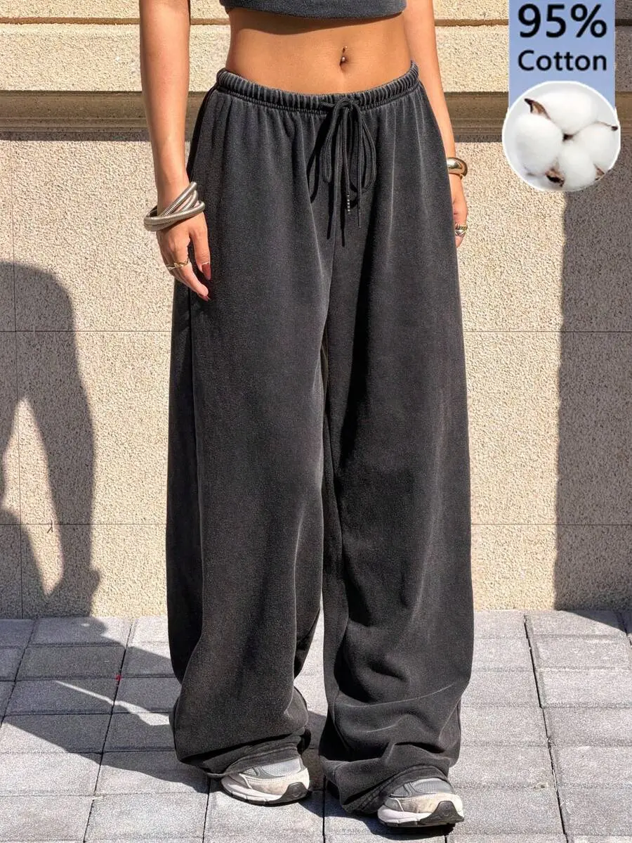 LUNA LAYER Womens Casual Low Rise Straight Leg Sweatpants Retro Washed Black Wide Leg Drawstring Pants