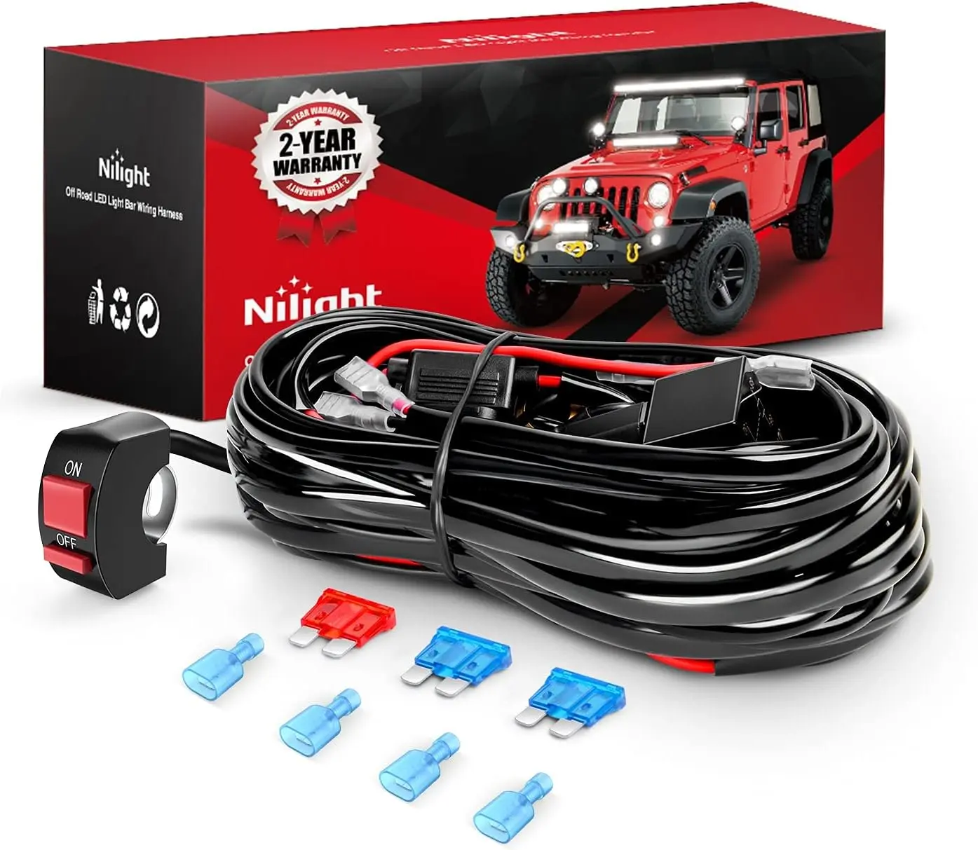 Nilight LED Light Bar Wiring Harness Kit - 16AWG Wire, 7/8-in Motorcycle Handlebar On-Off Push Button Switch, 2-Lead 12V Power Relay, Blade Fuse, Waterproof Lighting for Motorcycle, ATV