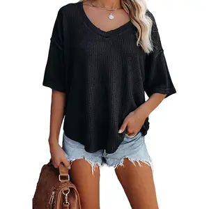 Women's Causual V Neck Short Sleeve Shirts Waffle Knit Loose Tunic Tops Blouses
