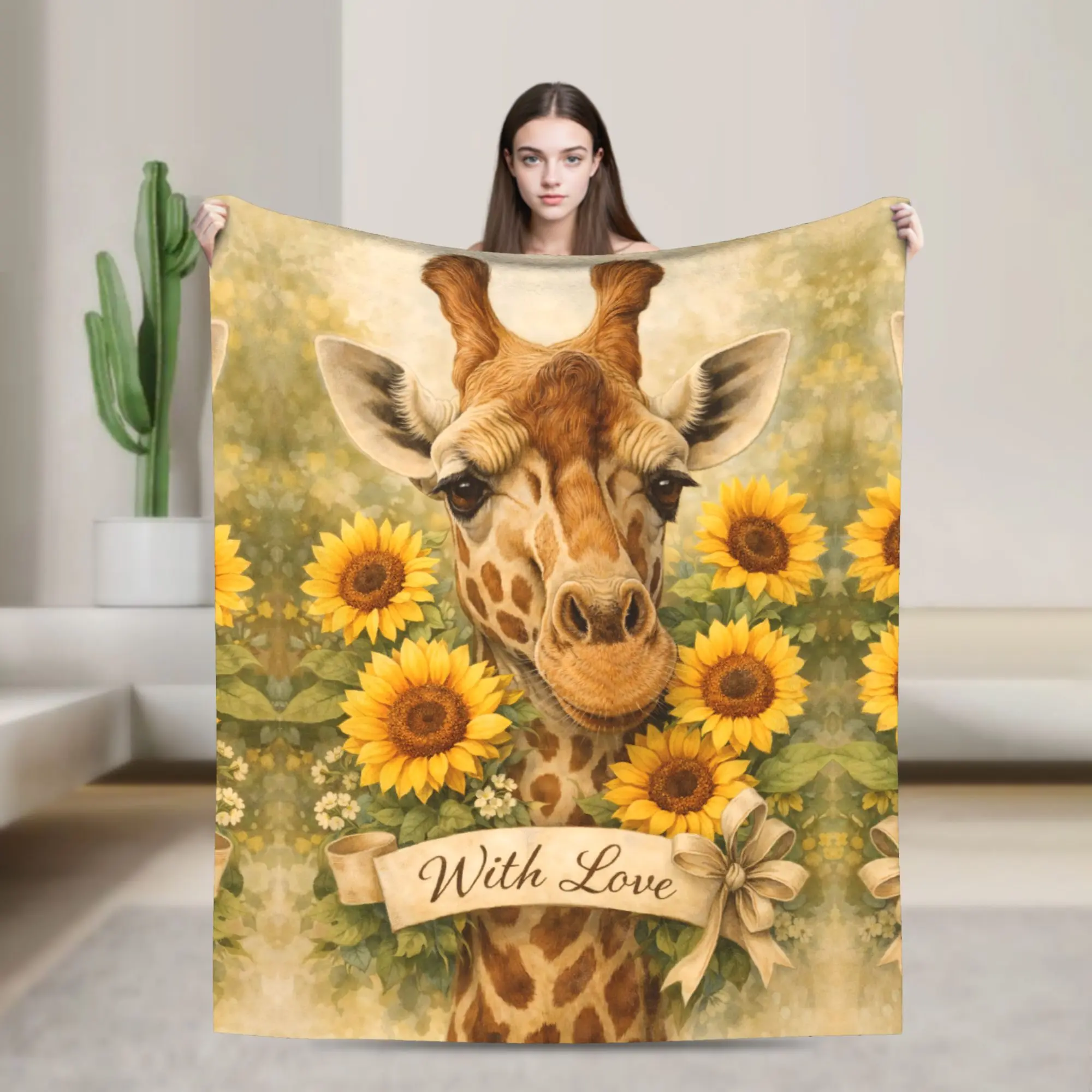 Vintage Watercolor Giraffe Sunflower Flannel Throw Blanket - Soft Fleece, Rustic Floral Botanical, Romantic With Love, Cozy Warm Lightweight Plush for Couch, Bed - Camping & Hiking Sleeping Gear, Home Decor Gift for Animal Lovers