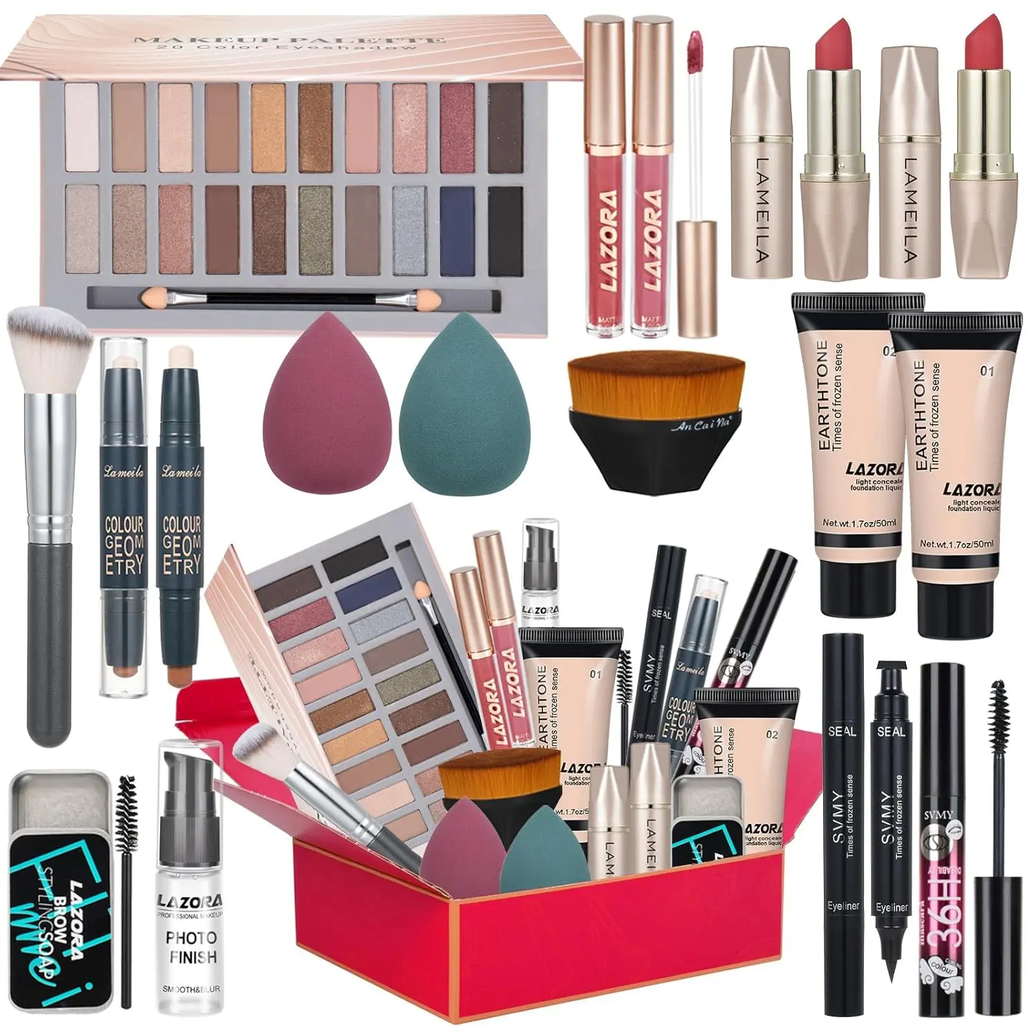 Waterproof Cosmetics Kit Set for Teens (Ages 10-16) - Multi-Pack Gift, 20-Color Eyeshadow Palette, Eyeliner Stamp, Mascara, Smooth Foundation, Powder, Lip Shiner, Water Proof, Cosmetics Kits, Makeup, Birthday, Gift Box, Youth, All In One Makeup Kit
