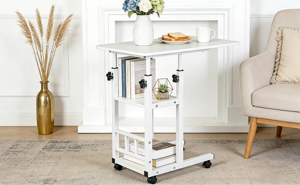 Mobile Rolling Side Table with Wheels, Adjustable Height Rolling Desk, C-Shaped Portable Desk on Wheels, End Table for Couch, 3-Tier Desk with Storage Shelves