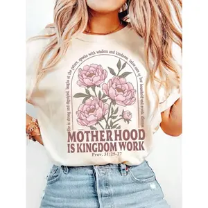 Retro Motherhood Is Kingdom Work T-Shirt, Christian Mom Mother's Day Tee, Boho Floral Bible Religious Top, Breathable Sweat-Absorbing Loose Fit, S-3XL
