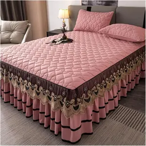 Bed Skirt 1pc Lace Bed Skirt Color Mattress Cover Quilted Bedspread Ruffles Bed Covers with Elastic Band (No Pillowcase)(Color 3,180x220x45cm 1pc)