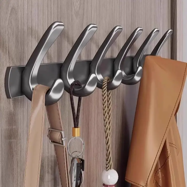 4-Row Fish-Shaped Coat Hook Rack, Gunmetal Space Aluminum No-Drill Wall-Mounted Organizer for Clothes, Hats and Bags