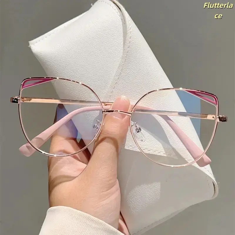 Women's Fashion Cat Eye Sports Eyewear - Hollow Metal Frame, Anti-Blue Light Flat Lens, Work & Study Blue Lights Glasses, Casual Wear Trendy Simple Eyewear
