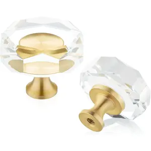 10-Pack Brass Crystal Cabinet Knobs,Glass Crystal Gold Drawer Knobs,1-1/4-Inch Polygon,Decorative Dresser Pulls, Modern Cabinet Hardware