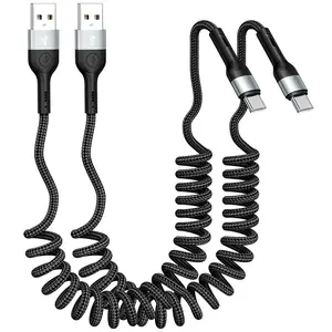 Coiled USB C Charger  for  [3ft 2Pack],USB A to USB C ,Durable Braided Type C    for  17/16/15/Pro/Pro Max,Galaxy S10/25,Android Devices(Black)