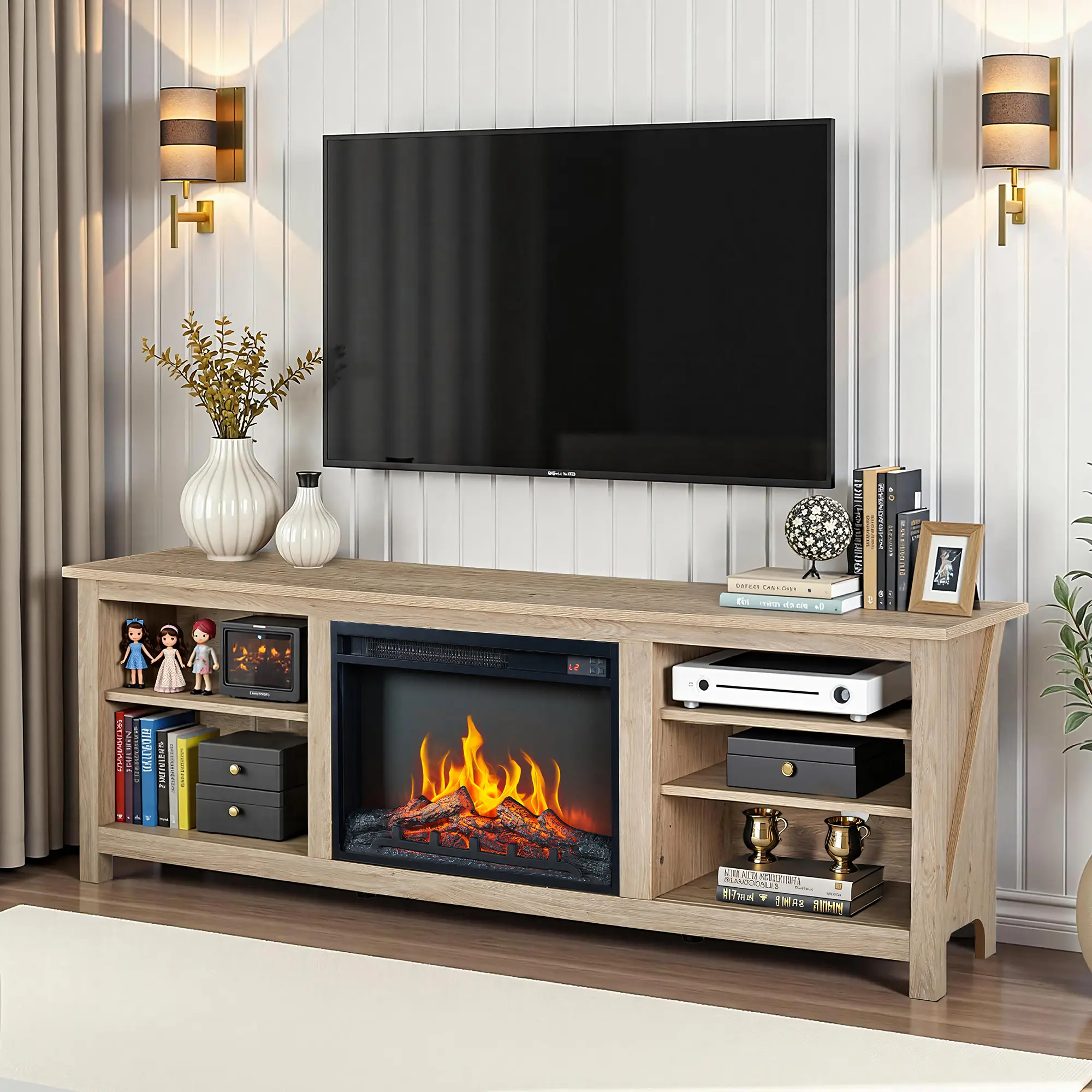 [SummerSale] ALBOTT 70" Fireplace TV Stand with 23" Electric Fireplace for 80" TVs | Wood Texture Finish, Farmhouse Style, Entertainment Stand, Media TV Console, Storage Cabinet, Living Room