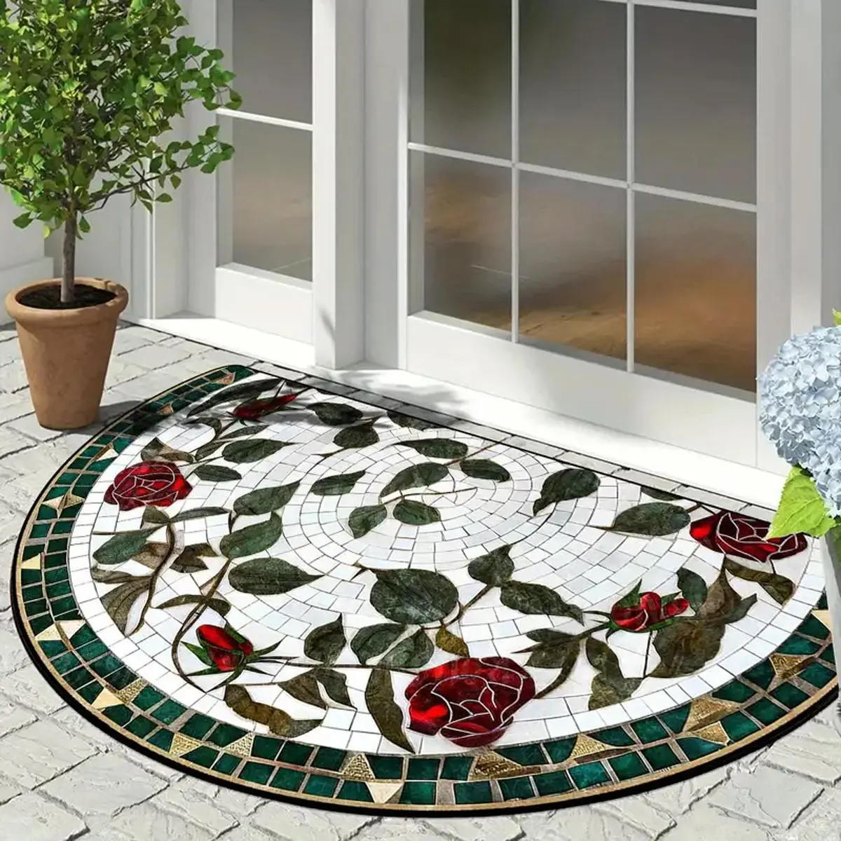 Soft Plush Half-Round Welcome Mat, Door Entrance Rug, Decorative Rug Mat, Home Decorative Rug, Vintage Mosaic Floral Design, Flower Pattern Rugs, Washable Non-Slip Door Mat, French Country Style, Ideal for Indoor Use