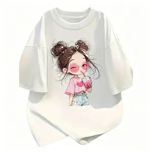 100% Premium Cotton graphic tees Colorful Cartoon Print Short Sleeve Round Neck Tee for Women Summer Casual Loose Fit