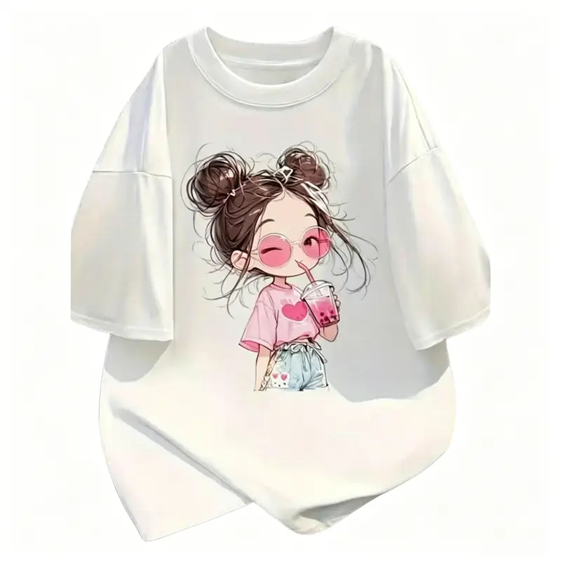 Women's 100% Premium Cotton Cute Graphic Sports Top - Short Sleeve, Round Neck, Playful Cartoon Art, Soft Touch, Relaxed Loose-Fitting Style for Denim Pairing, Summer Casual Wear