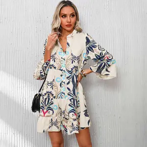 White Printed Tribal Bracelet Sleeve Buttoned Mini Dress