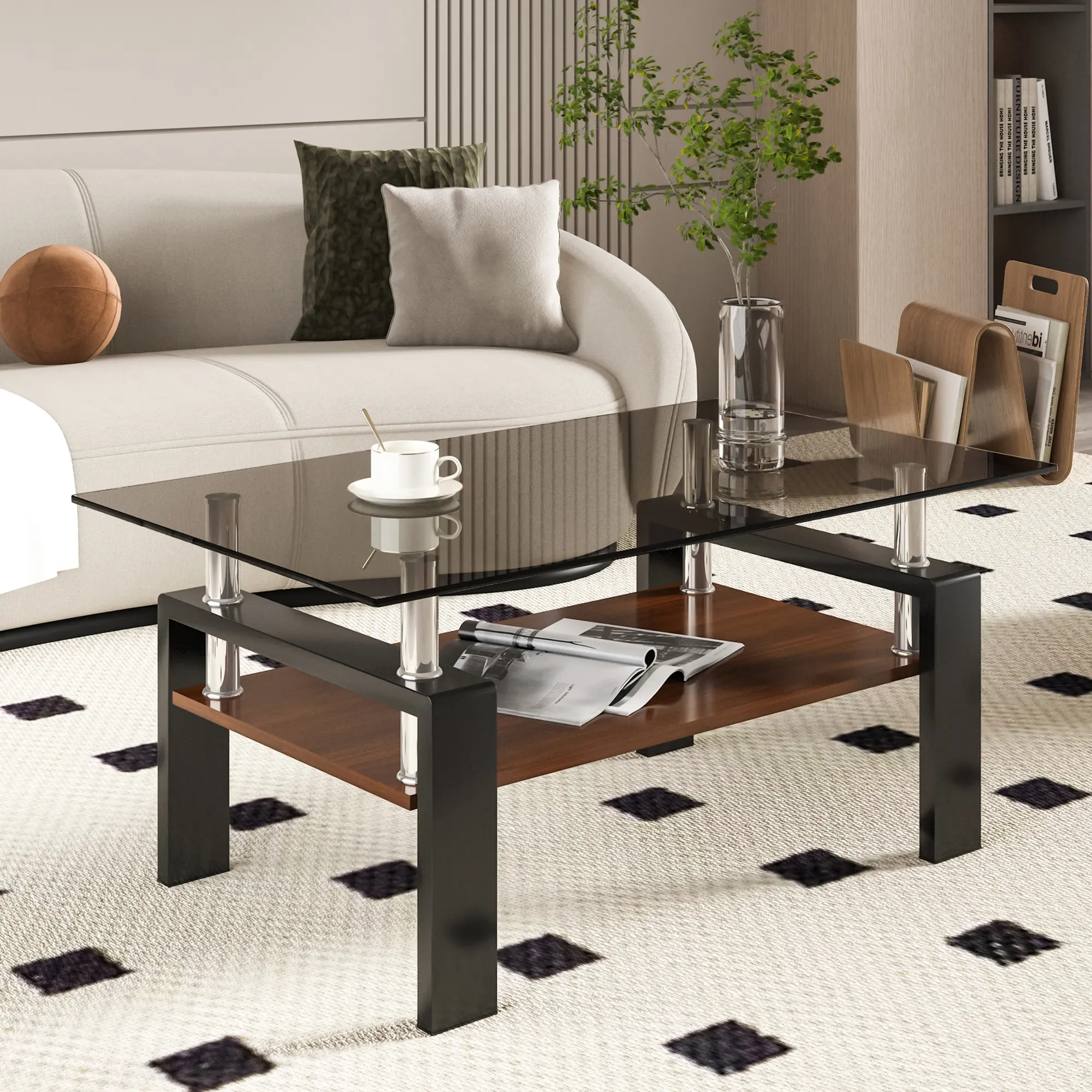 Modern Glass Coffee Table Rectangle Living Room Center Table with Tempered Glass Tabletop and MDF Layer, 2 Tier Coffee Table for Living Room and Office