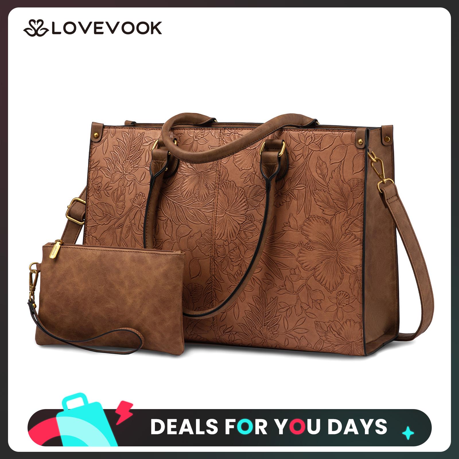 LOVEVOOK Laptop Bag for Women, 15.6-17.3 inch Vegan Leather Laptop Tote Bag Large Capacity Vintage Leather Work Bags for Women, Business Casual Shoulder Handbag, Durable. DealsForYouDays