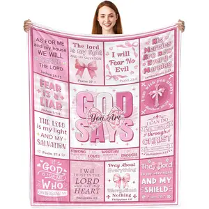 1pc Christian Women's Gift - "God Says I Am" Cozy Throw Blanket - Inspiring Religious Birthday Catholic Spiritual Gift and Baptism/Confirmation Gift, Pink Bow Bible Text Flannel Blanket