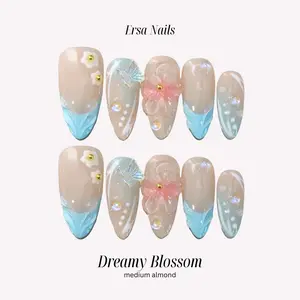 ErsaNails DREAMY BLOSSOM - Medium Almond 10 PCS Handmade Press On Nails | 3D Flowers, French Tip & Mermaid