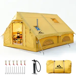 SENLEETO yellow 8–10 Person Inflatable Camping Tent with AC Port & Stove Jack — Waterproof 420D Oxford  Air Shelter Portable Outdoor Equipment Wind Resistant Tent Glamping Tent Family Tent