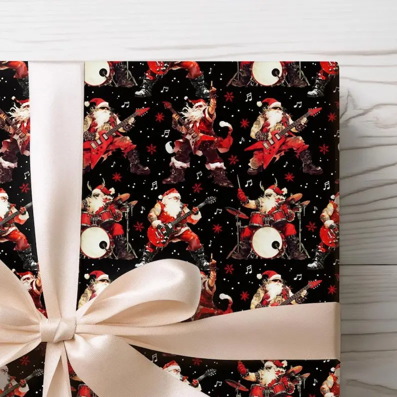 Christmas Wrapping Paper with Heavy Metal Santa Playing Guitar, Rock and Roll Gift Wrap, Music Lover Gift, Gift for Him, Gift for Her