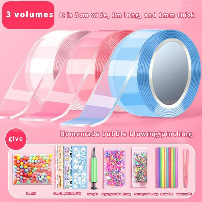 DIY 40-Piece Nano Bubble Tape Kit with Balloon Inflator, Double Sided Adhesive Plastic Bubble Tape, Homemade Bubble Blowing Pinching, Crafting Projects, Party Gifts & Novelty Toys