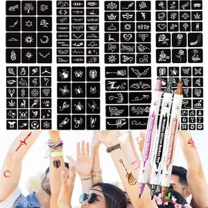 Temporary Tattoo Stencil Kit, 3P Markers + 146 Pcs Glitter Tattoo Templates for Kids Adults, Dual-End Tattoo Pens Make Bold and Fine Lines for Party Halloween (Black)