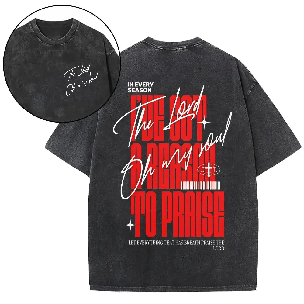 Men's Graphic Tees - Oversized Vintage Wash Christian Graphic Tee | "Reason To Praise" Faith Streetwear | Unisex Washed Black Retro Church Shirt