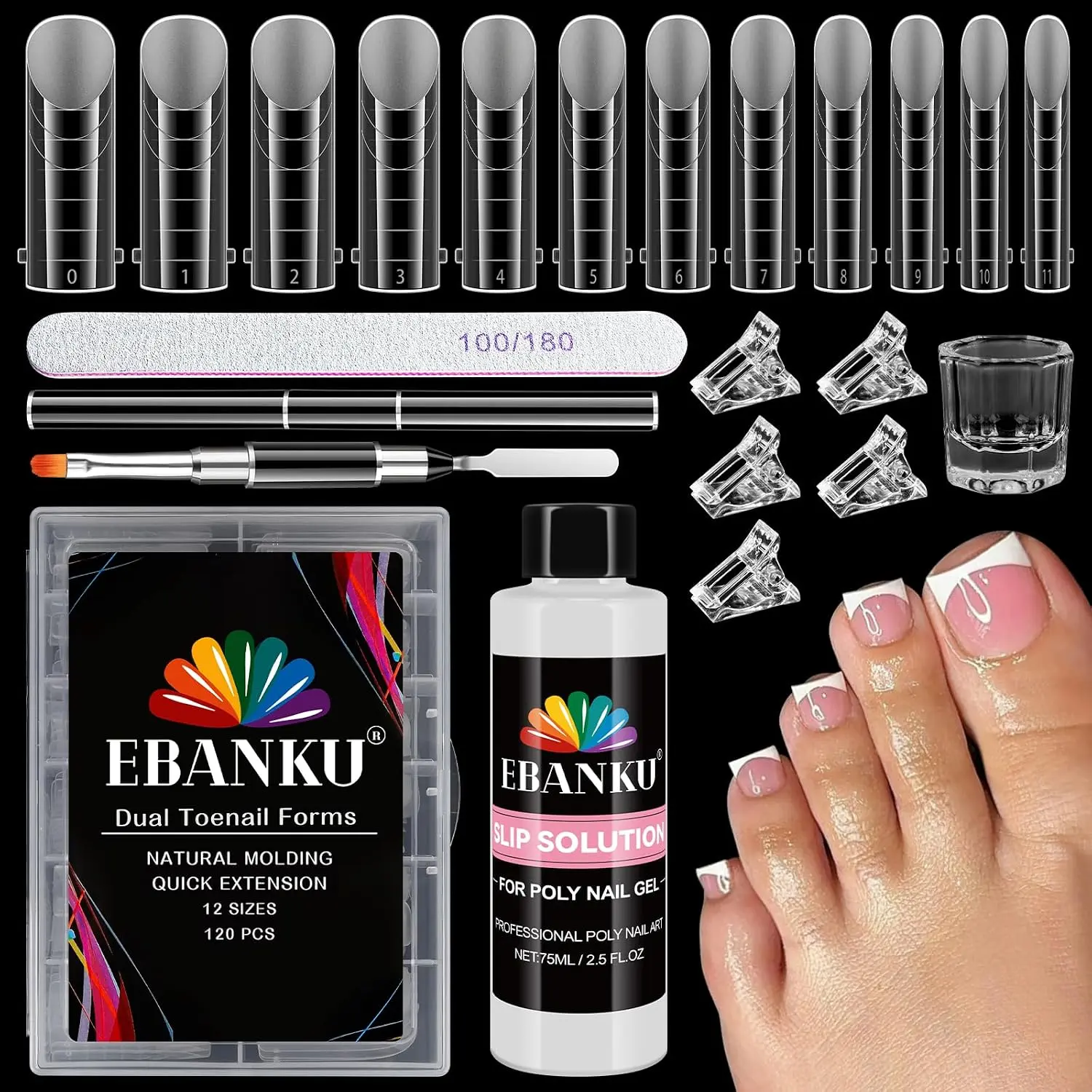 EBANKU Poly Gel Toenail Kit, Toe Dual Nail Forms with 2.5oz Slip Solution | Reusable Poly Gel Nail Kit for Toe Nail Tips with Double-end Brush, File, Clips, Liquid Container, 120PCS, 12 Sizes