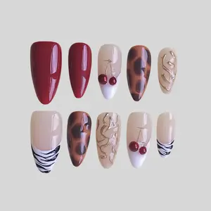 Nail Plus Retro Mixed Art, Medium Almond 10PCS Press On Nails, Cherry Fruit Charm & Tortoiseshell Pattern, Zebra Tips Detail, Jelly Tabs & Buffer Included, for Casual Daily Wear & Vintage Lovers, Artistic Natural Vibe