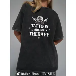 Comfortable Black T-Shirt with Short Sleeves and Tattoo Therapy Slogan for Everyday Use