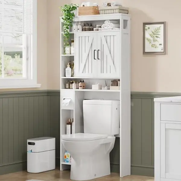 Vividwood Over The Toilet Storage Cabinet - Farmhouse Bathroom Cupboard with 2 Barn Doors, Built-in Toilet Paper Holder, 22 lbs Capacity, 7.7" Depth, Space-Saving Organizer for Laundry Room