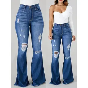 Women's High-Waisted Flare Jeans with Elastic Waistband �C Comfortable, Hip-Lifting, Ripped Denim in Blue with Raw Hem Detail, Ideal for Casual Wear, Plus Size Jeans