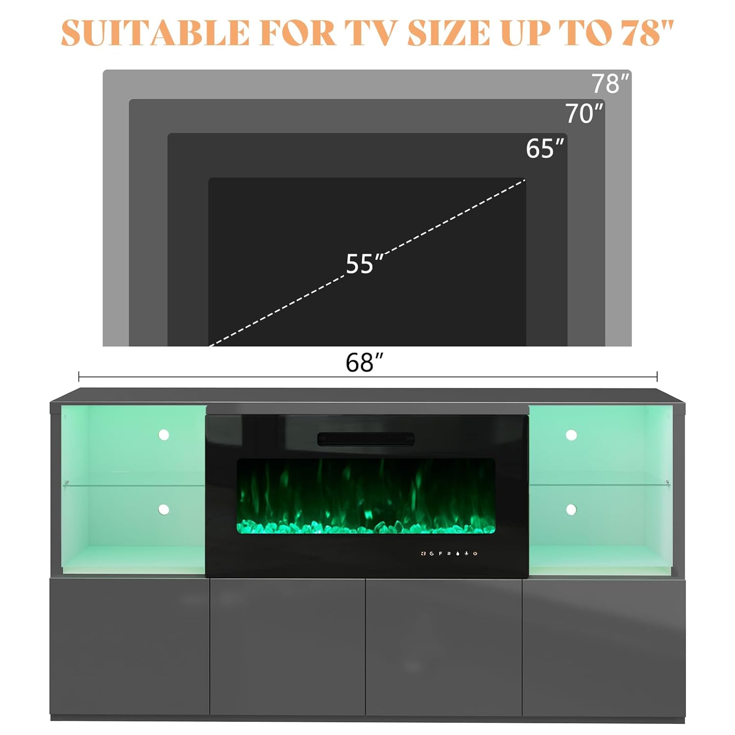 68" Modern High Gloss Fireplace TV Stand, Fireplace Entertainment Center with Fireplace & LED Lights for TVs up to 78",