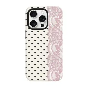 Aesthetic Romantic Vintage Pink Lace Polka Dot Smartphone Case - Shockproof Durable Cellphone Protector, Mobile Phone Accessories for iPhone 13/14/16/17 Series